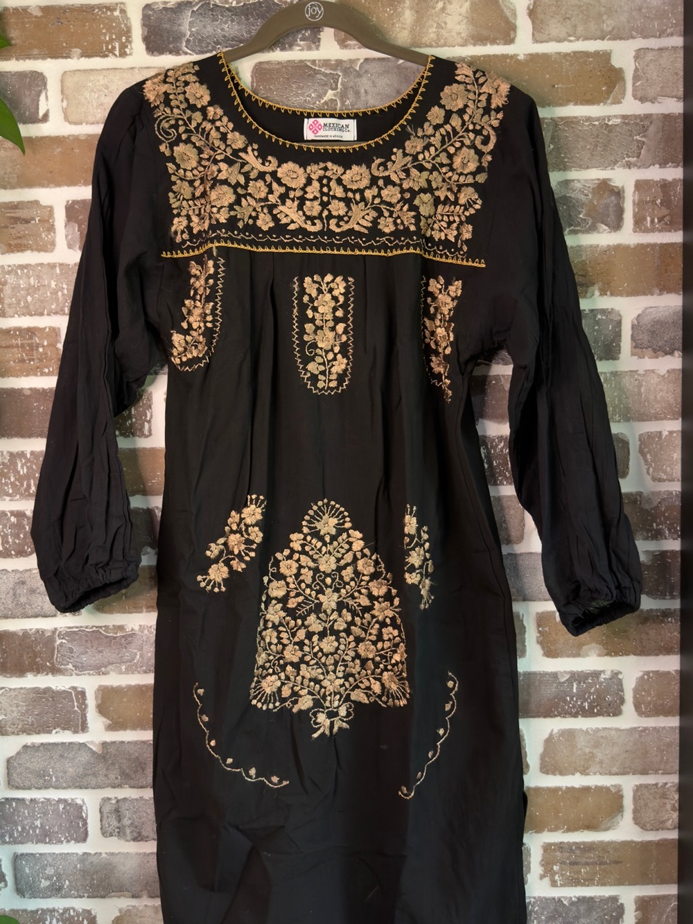 Mexican Handmade Black Embroidered Dress with Gold Floral Detail